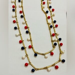 Vintage Gold Necklace with Red, White, and Blue Beads